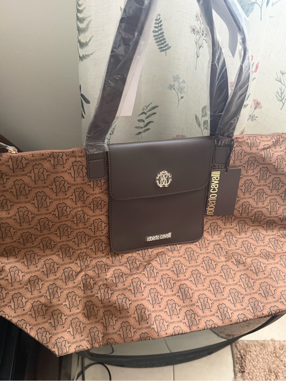 Roberto Cavalli Brown Logo Tote with Dark Brown Front Pouch